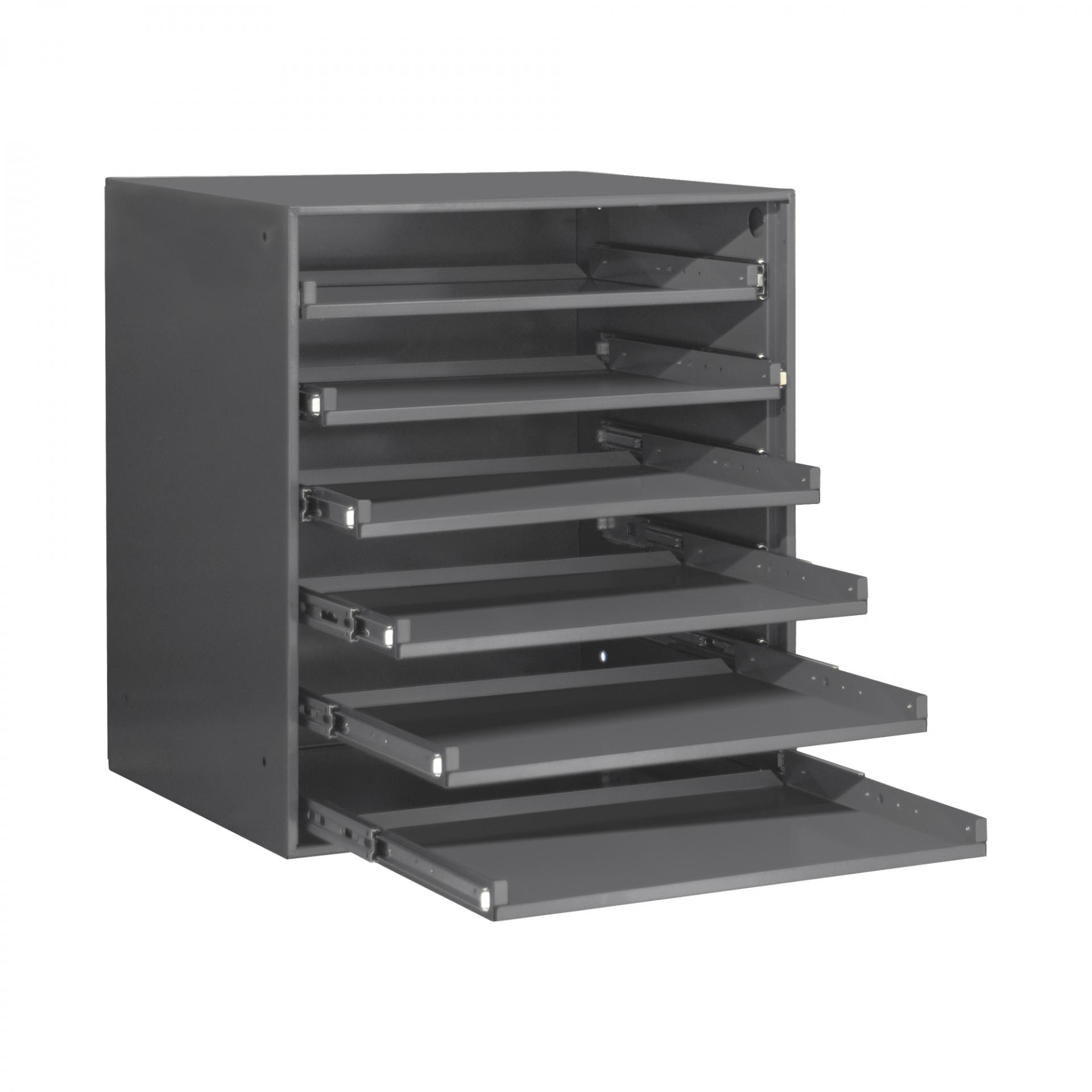 Large Bearing Slide Rack, 6 Compartment Boxes, Heavy Duty Steel, Gray